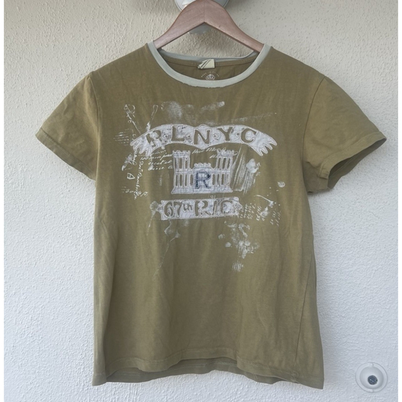 Y2K Polo Jeans Co Ralph Lauren Ringer Graphic Tee Olive Green NYC Crest T-Shirt - Picture 1 of 8